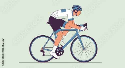 Illustration of a cyclist in a blue and white jersey riding a blue road bike in a streamlined position.