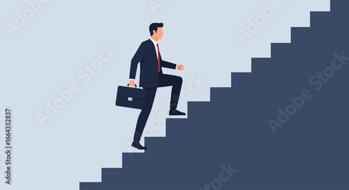 Businessman ascending stairs, symbolizing career advancement and progress.