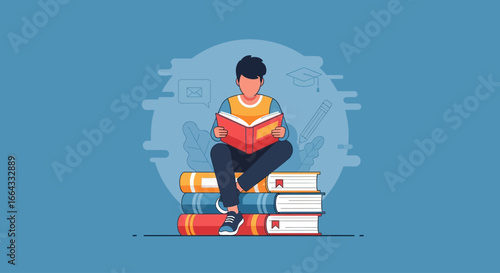 A young person sits atop a stack of books, engrossed in reading a book.