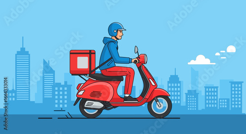 Delivery man riding a red scooter with food box in a city landscape illustration.