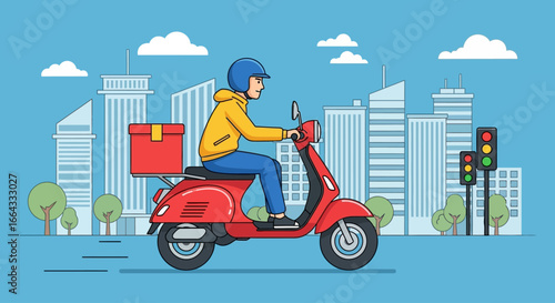 Illustration of a delivery man riding a red scooter through a city with skyscrapers and traffic lights.