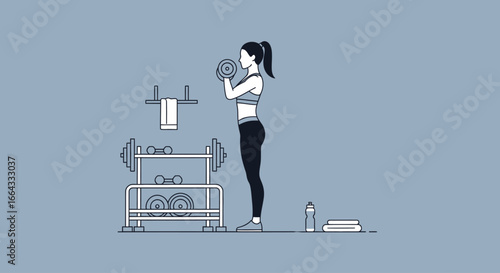 Active woman doing a dumbbell bicep curl workout in a modern gym. Vector illustration for fitness and strength training concepts