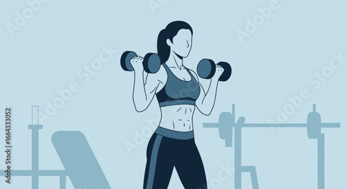 Woman lifting dumbbells in a gym setting, showcasing fitness and strength training, with exercise equipment in the background.