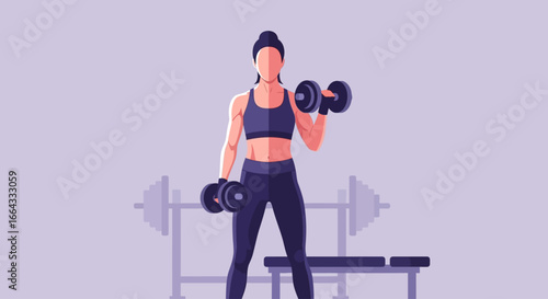 A woman in athletic attire lifting dumbbells, demonstrating a workout routine in a gym setting.