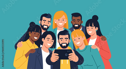 Diverse group of people taking a selfie together.