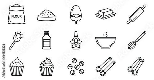 A set of outline icons depicting baking ingredients and utensils. Includes cupcakes, flour, egg, butter, rolling pin.