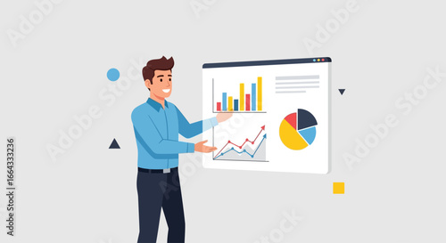 Corporate professional presenting a comprehensive data analysis report with various charts and graphs on a digital dashboard interface