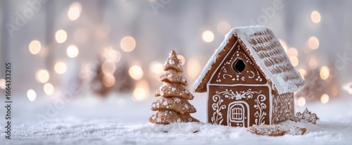 The Gingerbread House and Snowy Mini Tree with Warm Bokeh Holiday Lights