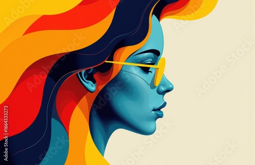 Woman with colorful flowing hair and sunglasses in a modern digital illustration