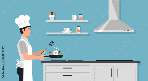 A chef in a white apron and hat cooking food in a modern kitchen.