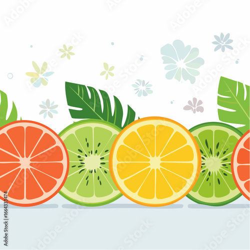 Colorful Fruit Slices Pattern With Tropical Leaves And Flowers