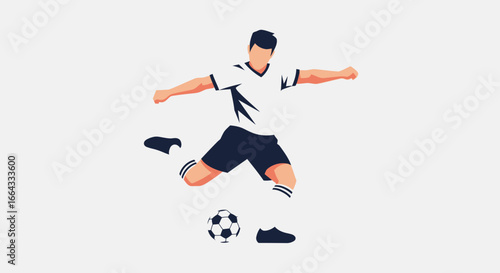 A stylized illustration of a soccer player kicking a soccer ball in mid-action.