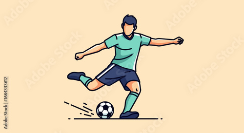 Simple line art illustration of a soccer player kicking a ball.