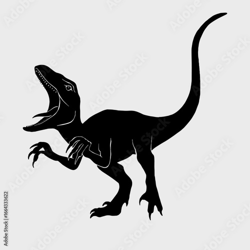 Black silhouette drawing with white lines of the carnivorous dinosaur Velociraptor and the dinosaur Giganotosaurus on a white background
