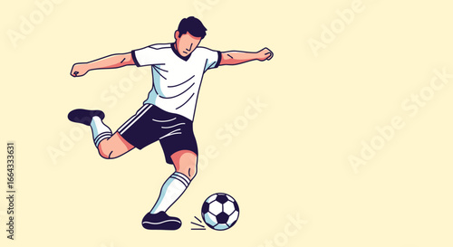 A cartoon illustration of a soccer player kicking a ball.