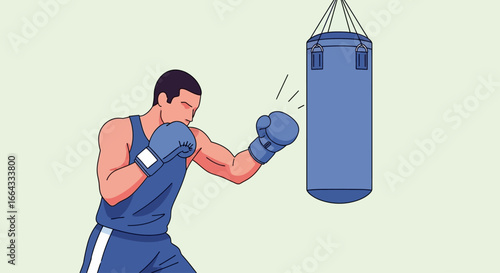 A muscular boxer throwing a punch at a hanging blue punching bag during training.