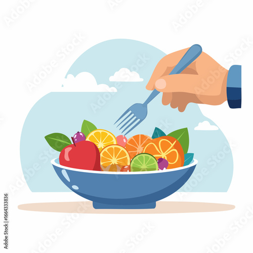 Hand Picking Up Forkful Of Colorful Fruit Salad