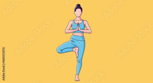 Woman in blue sportswear performing the tree pose in yoga against a yellow background.