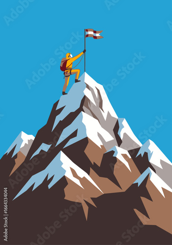 A triumphant climber plants a flag on a snowy mountain peak, a powerful vector illustration metaphor for reaching goals and business success