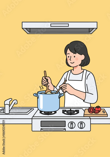 Woman happily cooks a meal in her kitchen, stirring a pot on the stove.