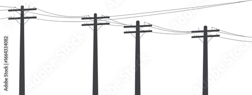 Electric utility power poles with overhead transmission wires, isolated on white background, energy infrastructure concept, urban electricity distribution network system