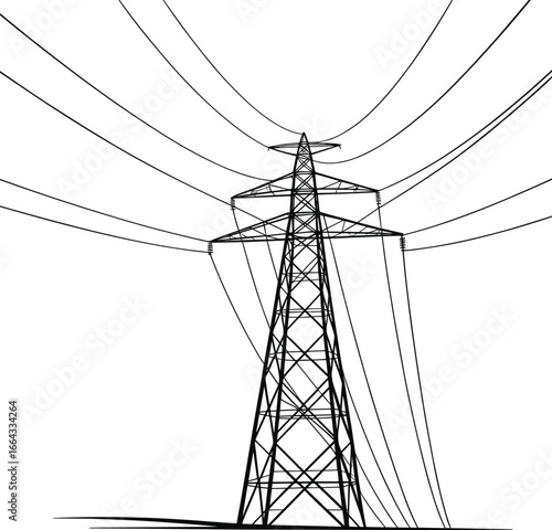 High voltage electricity transmission tower structure with power lines, energy infrastructure, industrial steel pylon design, isolated on white background, engineering concept