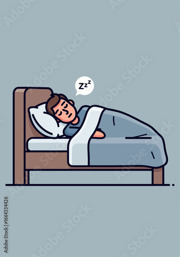 A man soundly asleep in bed, comfortably tucked under the covers.