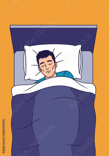 A man sleeping peacefully in bed, covered by a blanket, resting on a pillow.