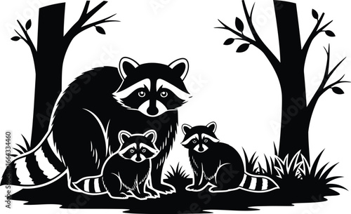 Cute raccoon family hanging out together among the trees in the forest