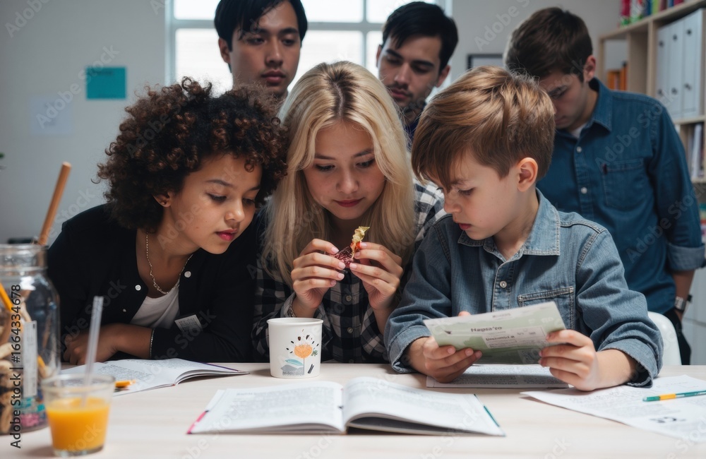 Fototapeta premium Woman and children studying together in a classroom setting with books and learning materials