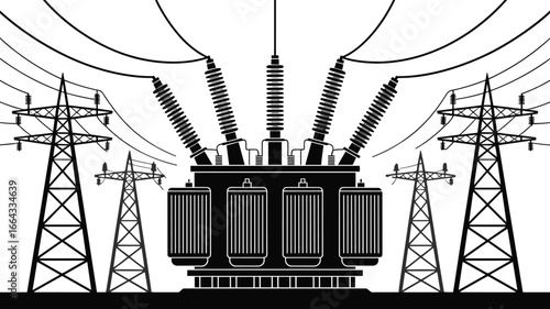 High voltage transformer station, electric power substation vector, transmission towers and cables illustration, industrial electricity distribution infrastructure, black and white energy design