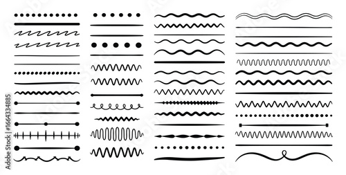 A diverse set of hand drawn style decorative line dividers for design elements. Vector illustration.