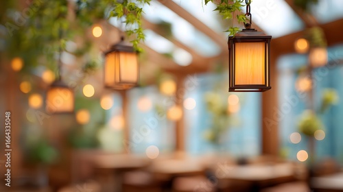 blurred image of a rooftop eco-bar interior glowing with amber recessed lights, terracotta and green palette