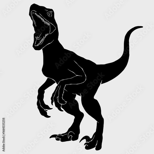 Black silhouette drawing with white lines of the carnivorous dinosaur Velociraptor and the dinosaur Giganotosaurus on a white background