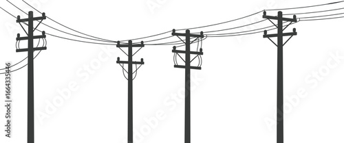 Power poles and overhead electric wires in a row, utility infrastructure, electrical transmission lines, isolated on white background 