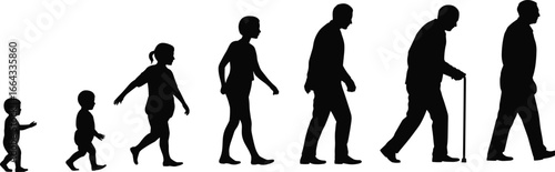 Silhouette illustration showing human life stages from baby to elderly, evolution of people aging concept in timeline of growth and development