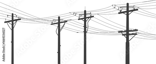 Silhouette illustration of multiple electric utility poles with tangled power lines, realistic cable distribution network infrastructure for urban and rural energy transmission scene