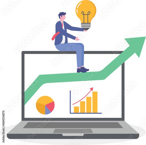 Flat illustration of smart businessman on laptop give advice strategy to analysis graph advisor online presentation
