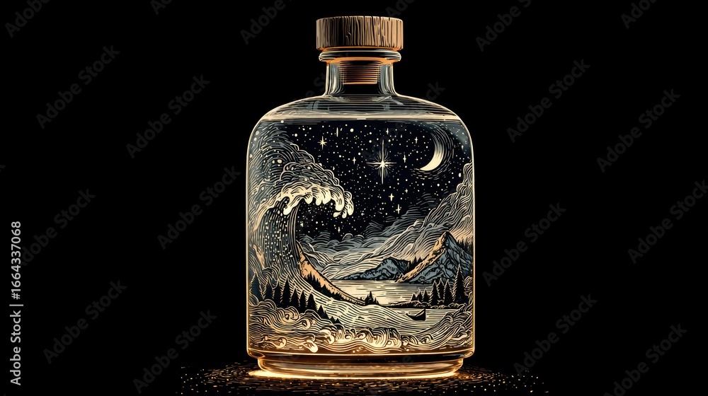Fototapeta premium Wooden-capped glass bottle with black-white wave-mountain-night illustration on black for Christmas art gift.