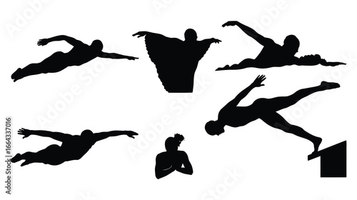 Silhouette of swimmers in various poses, capturing the grace and athleticism of the sport isolated on white background