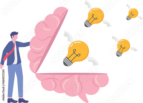 Flat illustration of man open lightbulb to develop and generate new flying idea generation creativity

