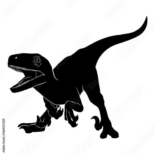 Black silhouette drawing with white lines of the carnivorous dinosaur Velociraptor and the dinosaur Giganotosaurus on a white background