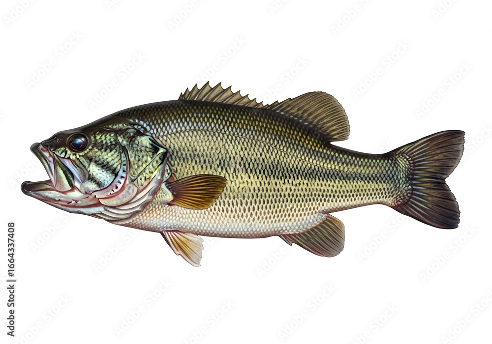 Fototapeta premium A detailed illustration of a largemouth bass, showcasing its intricate scales and vibrant colors against a stark black background.