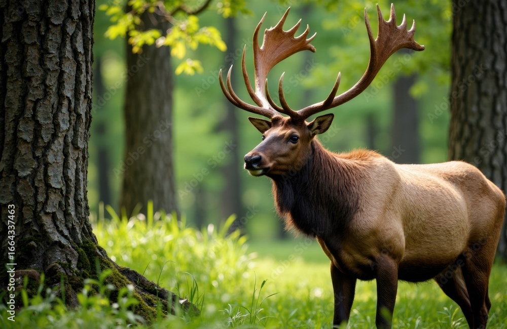 Fototapeta premium Majestic elk standing in a lush green forest with tall trees and vibrant foliage