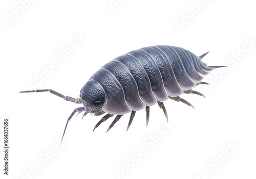 Detailed close-up of a segmented isopod, showcasing its intricate structure against a stark black backdrop.