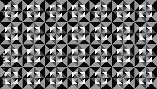 A black-and-white geometric design with a 3D optical illusion effect. The basic shape is a stacked triangular box that creates the impression of small, repeating pyramids