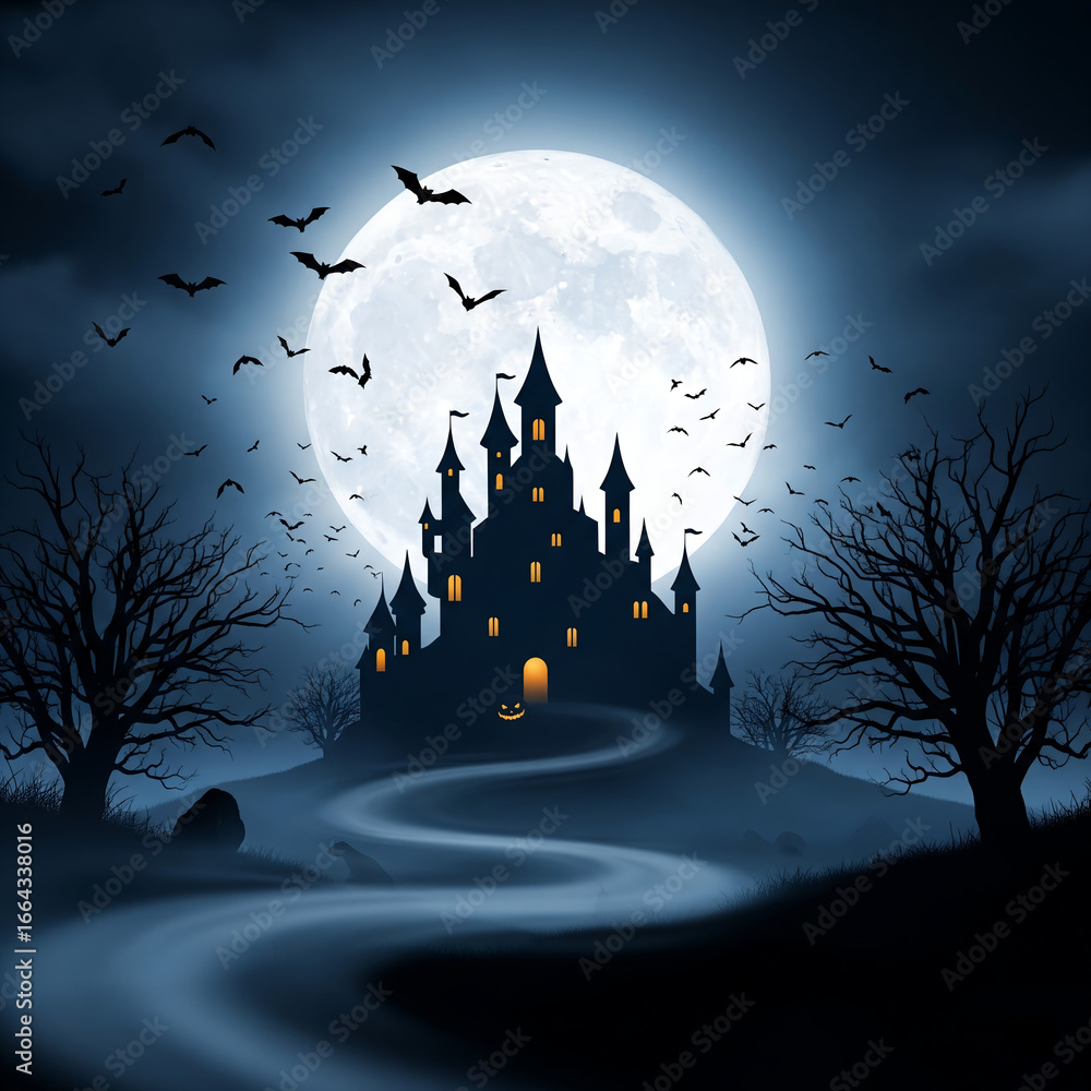 Fototapeta premium Spooky Halloween Night Background with Haunted Castle