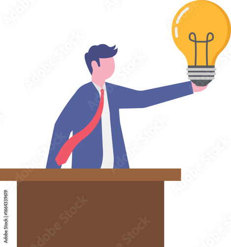 Flat illustration of businessman presenting innovative idea on stage with lightbulb speech bubble and spotlight in front of audience during business talk or seminar
