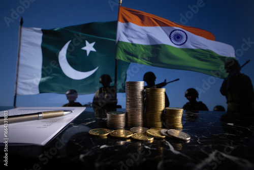 Flags of india and pakistan with soldiers coins and contract on a reflective surface at night time