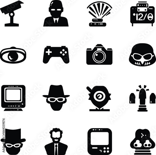 Grid of 20 Black Icons on White Background Representing Surveillance, Technology, Identity, and Observation Including Cameras, Eyes, Monitors, and Masked Figures